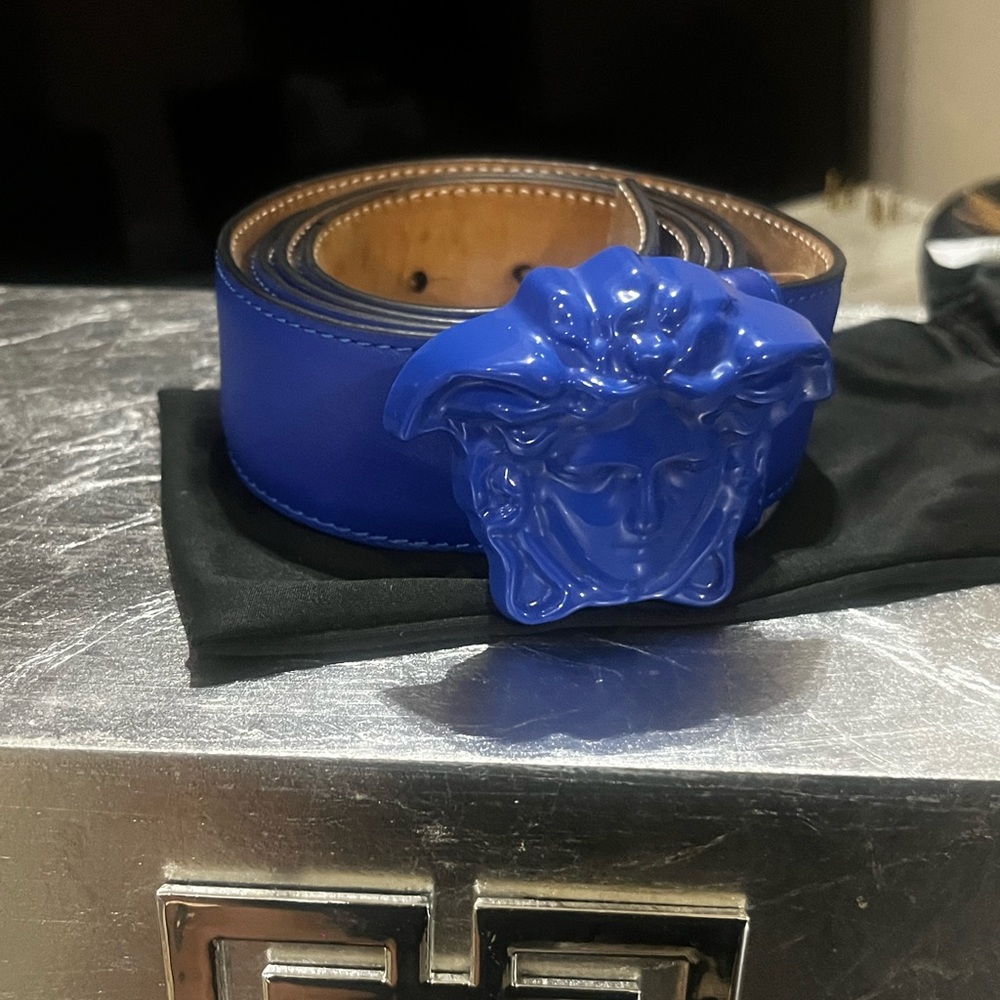 Versace Blue Leather Belt with Medusa Buckle
